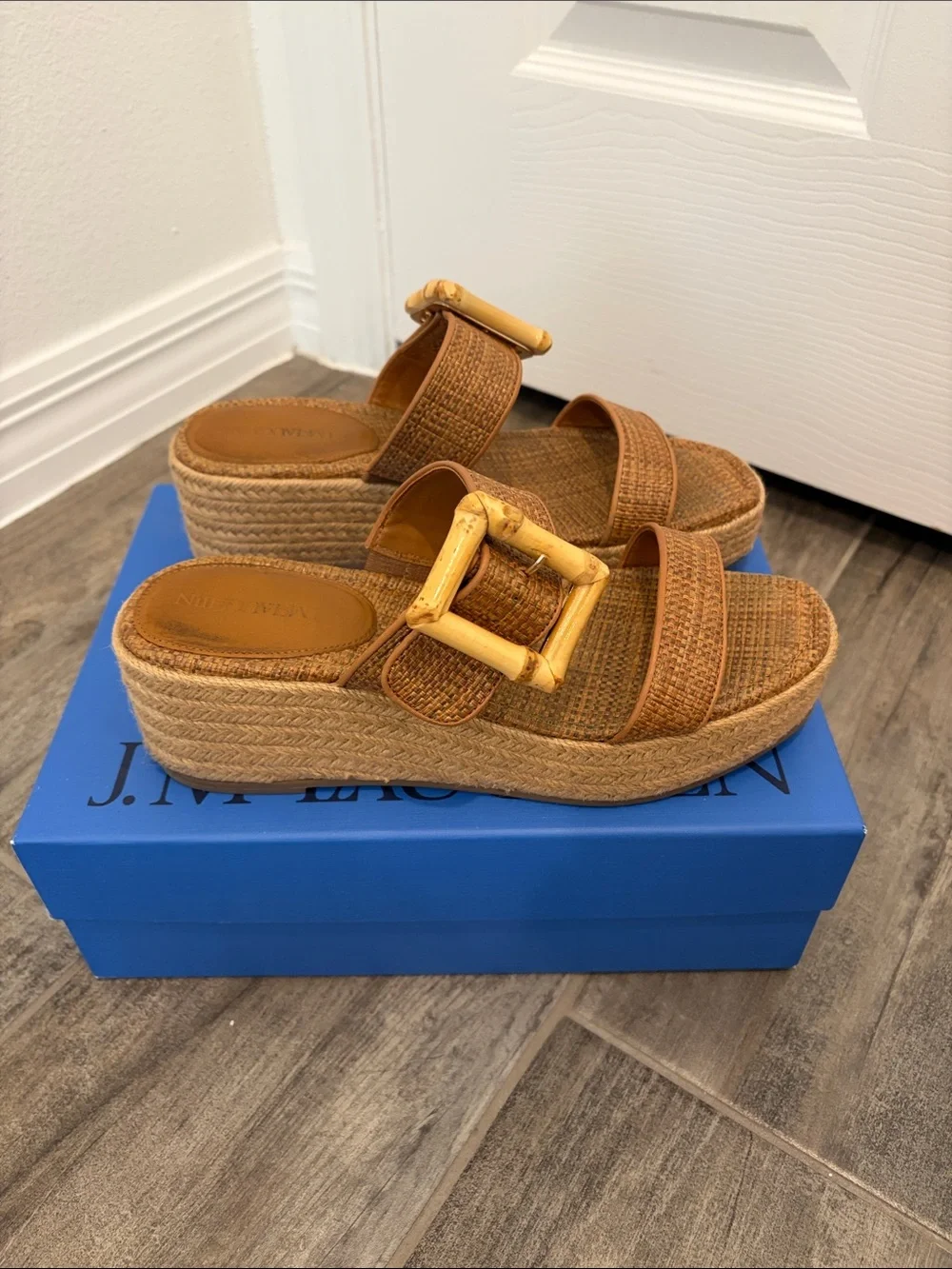 J. McLaughlin Fleur Tan Woven Espadrille Wedge Slides with Buckle